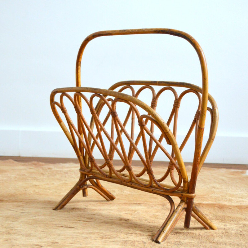 Vintage magazine rack in rattan, 1950s