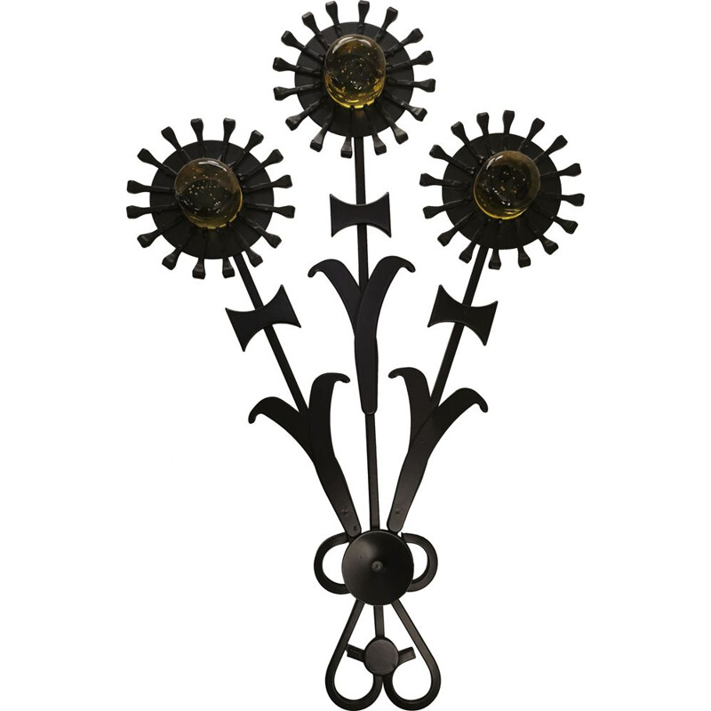 Scandinavian vintage wall sculpture in iron and glass