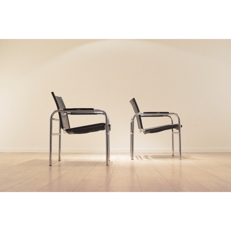 Paire de fauteuils avec accoudoirs en cuir & chrome - 1970