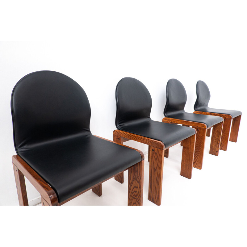 Set of 4 vintage walnut and leather chairs by Afra and Tobia Scarpa, Italy 1970s