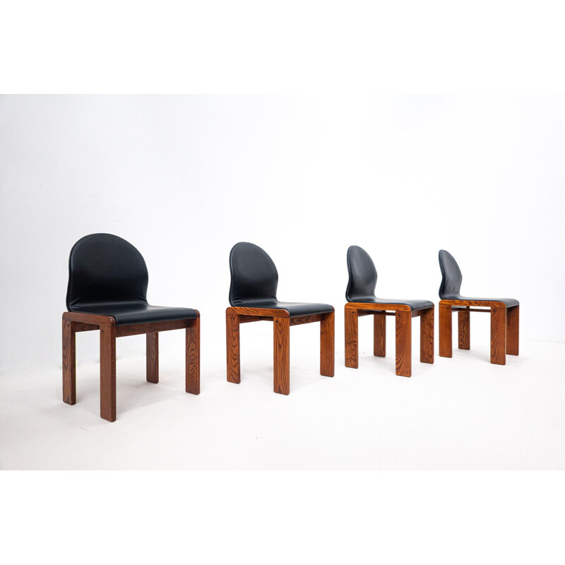 Set of 4 vintage walnut and leather chairs by Afra and Tobia Scarpa, Italy 1970s
