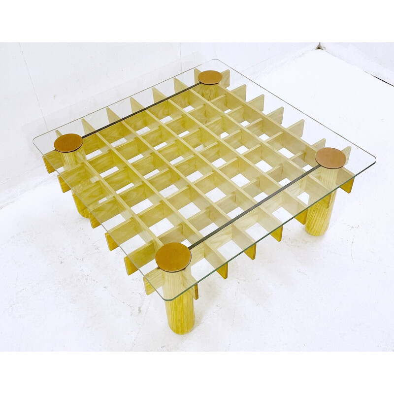 Kyoto" square coffee table in wood and glass by Gianfranco Frattini for Knoll, Italy 1974