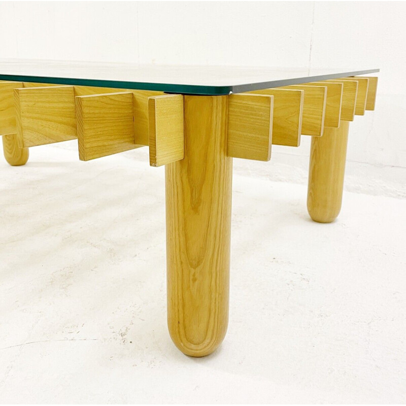 Table basse carrée vintage "Kyoto" en bois et verre de Gianfranco Frattini pour Knoll, Italie 1974