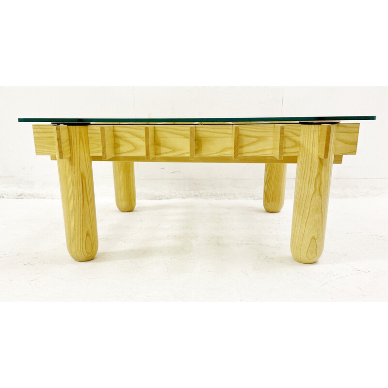 Mesa de centro cuadrada vintage "Kyoto" en madera y cristal por Gianfranco Frattini para Knoll, Italia 1974