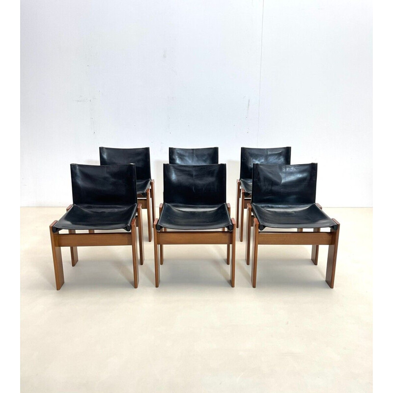 Set of 6 vintage black leather chairs model "Monk" by Afra and Tobia Scarpa for Molteni, Italy 1970s