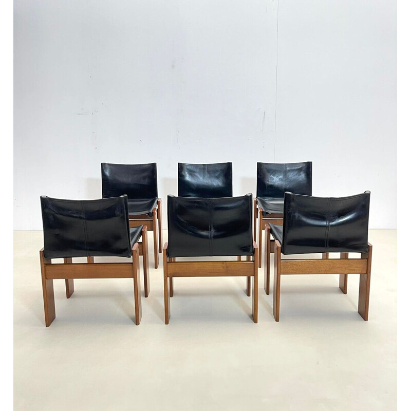 Set of 6 vintage black leather chairs model "Monk" by Afra and Tobia Scarpa for Molteni, Italy 1970s