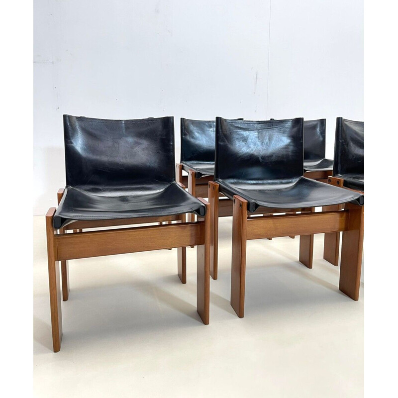Conjunto de 6 cadeiras de couro preto vintage modelo "Monk" de Afra e Tobia Scarpa para Molteni, Itália 1970
