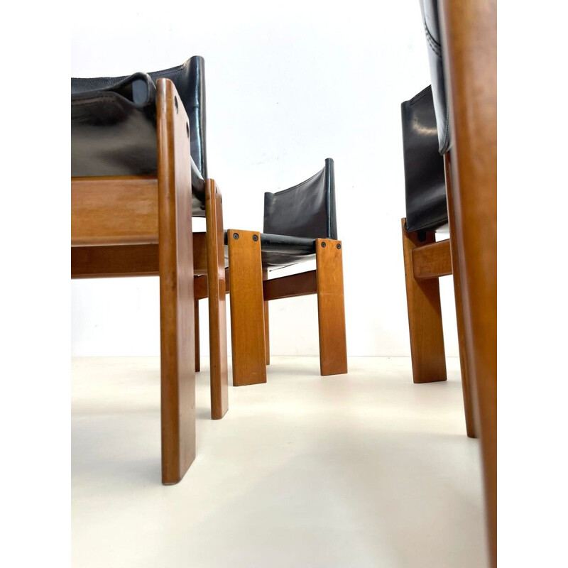 Set of 6 vintage black leather chairs model "Monk" by Afra and Tobia Scarpa for Molteni, Italy 1970s