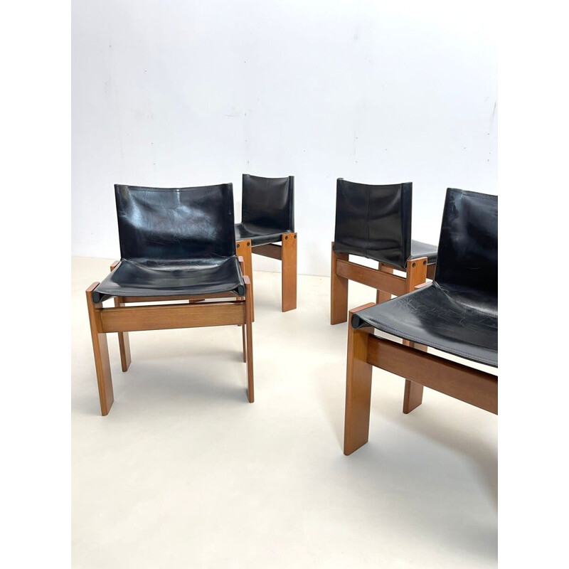Set of 6 vintage black leather chairs model "Monk" by Afra and Tobia Scarpa for Molteni, Italy 1970s