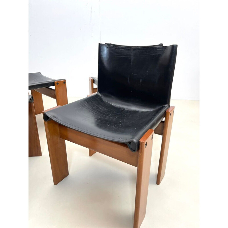 Juego de 6 sillas vintage de cuero negro modelo "Monk" de Afra y Tobia Scarpa para Molteni, Italia 1970