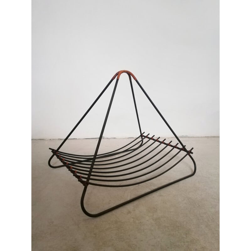 Vintage iron and rattan magazine rack, 1950-1960s