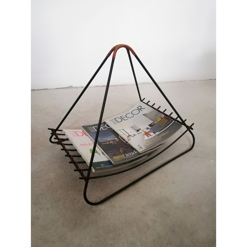 Vintage iron and rattan magazine rack, 1950-1960s