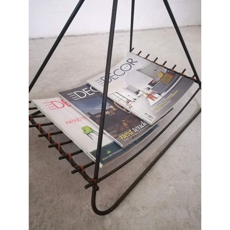 Vintage iron and rattan magazine rack, 1950-1960s