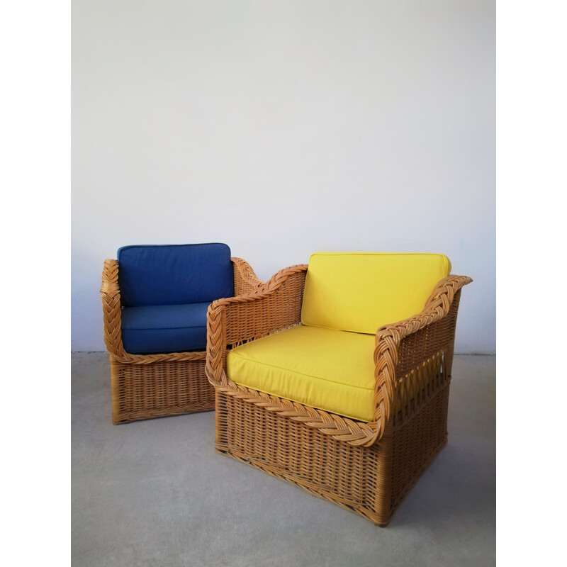 Pareja de sillones vintage de mimbre y junco, 1970