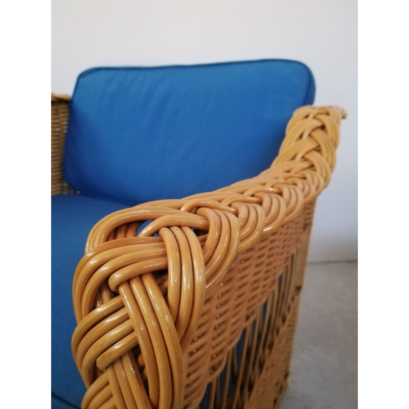 Pair of vintage wicker and rush armchairs, 1970s