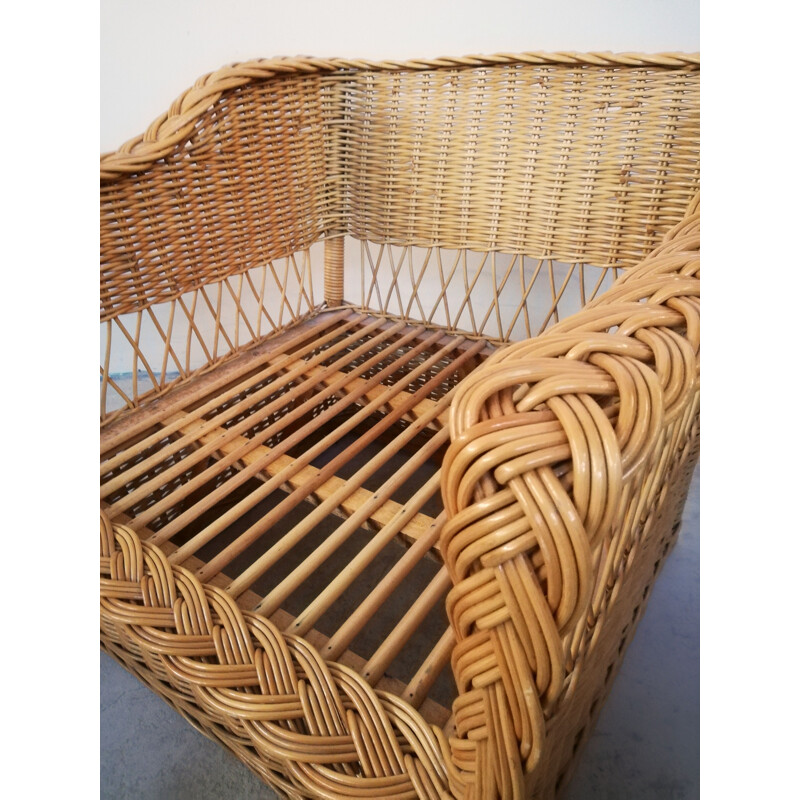 Pair of vintage wicker and rush armchairs, 1970s