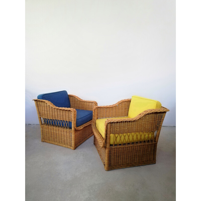Paar vintage rieten en biezen fauteuils, 1970