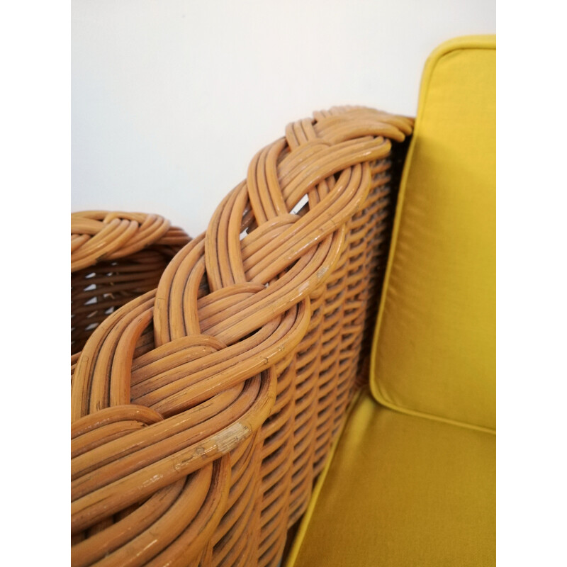 Pair of vintage wicker and rush armchairs, 1970s