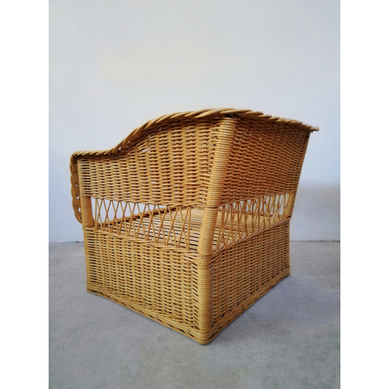 Pair of vintage wicker and rush armchairs, 1970s