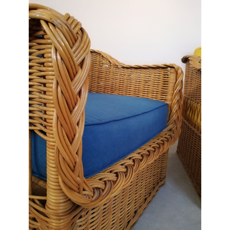 Pair of vintage wicker and rush armchairs, 1970s