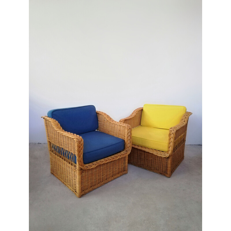 Pair of vintage wicker and rush armchairs, 1970s