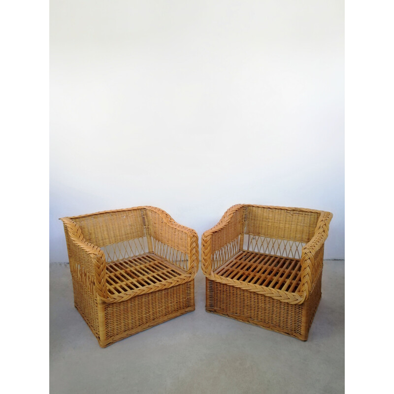 Pair of vintage wicker and rush armchairs, 1970s