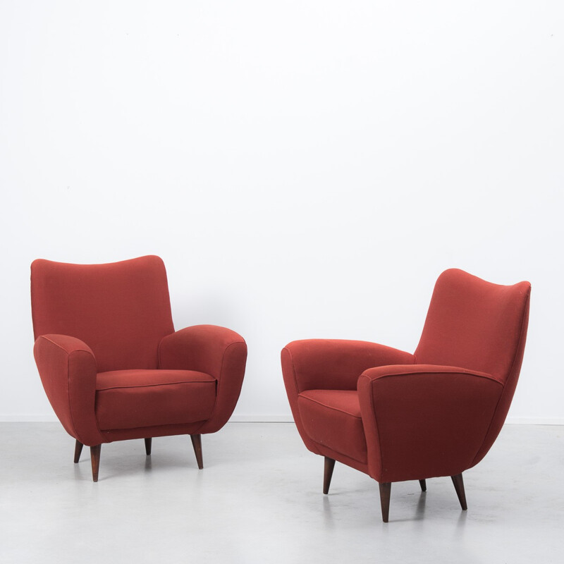 Pair of Italian armchairs in wood and red fabric - 1960s