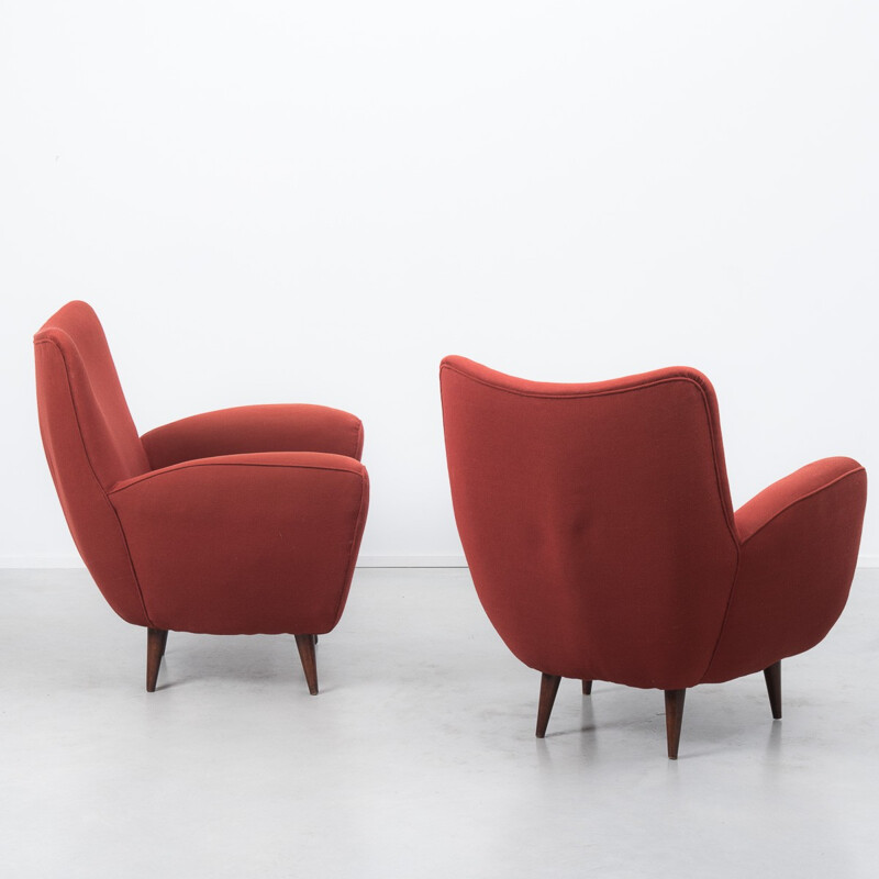 Pair of Italian armchairs in wood and red fabric - 1960s