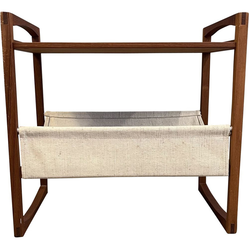 Vintage teak wood and beige canvas magazine rack by Kai Kristiansen for Silka Mobler, 1960