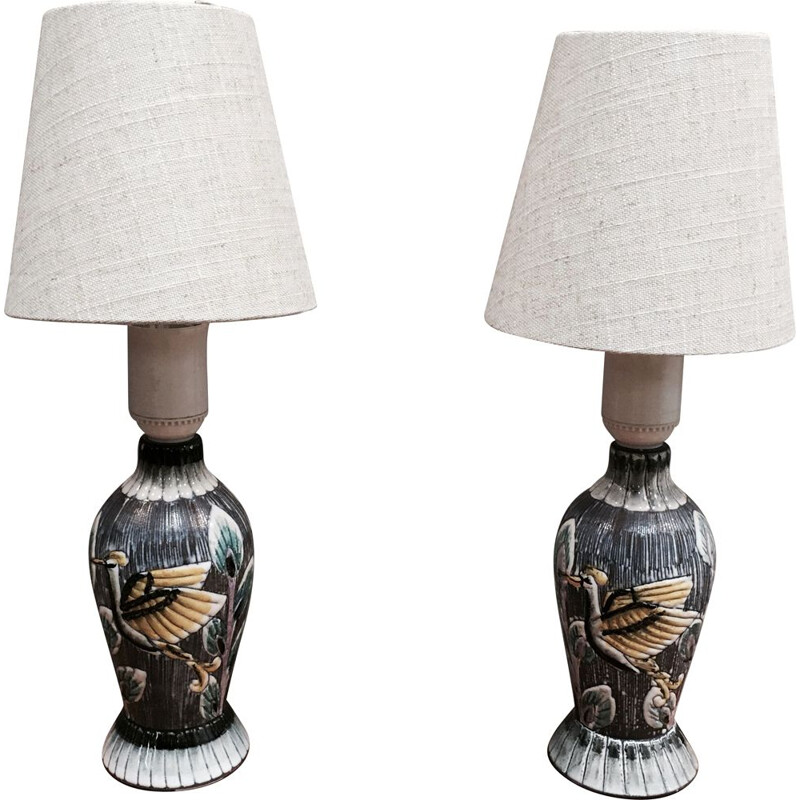Paire de lampes vintage scandinave en céramique et lin, 1960