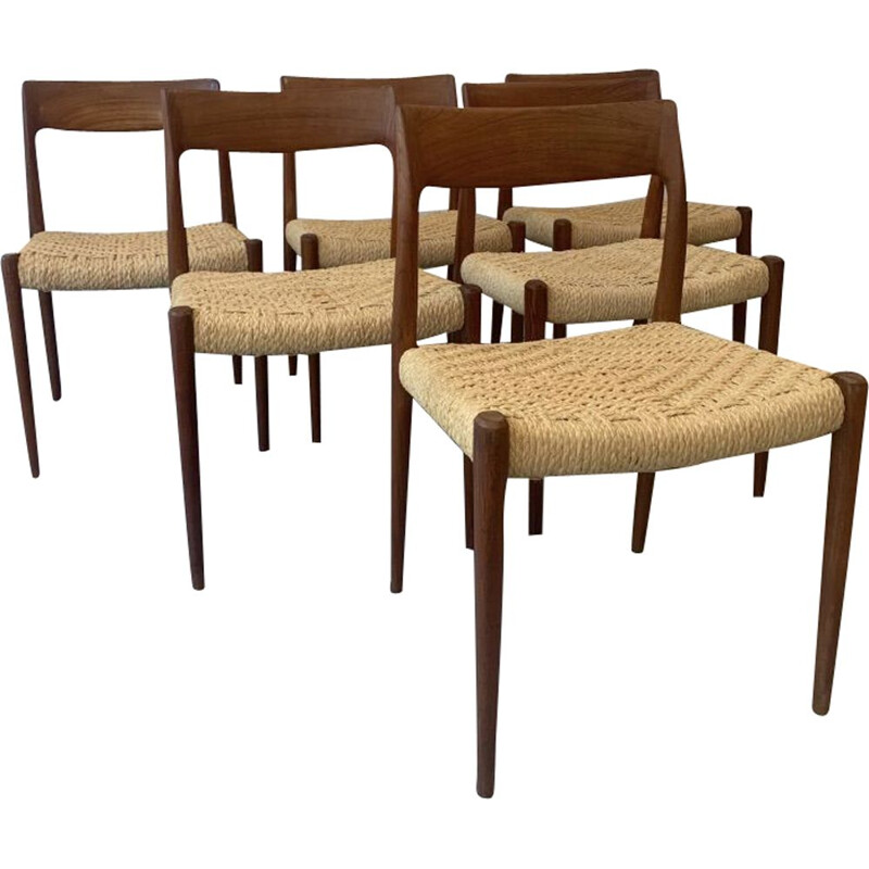 Lot de 6 chaises vintage teck et corde par Niels O. Møller pour J.L. Møllers Møbelfabrik, Danemark 1960