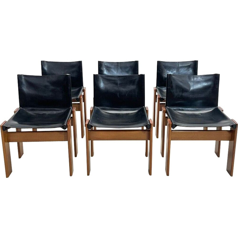 Ensemble de 6 chaises vintage en cuir noir modèle "Monk" par Afra et Tobia Scarpa pour Molteni, Italie 1970