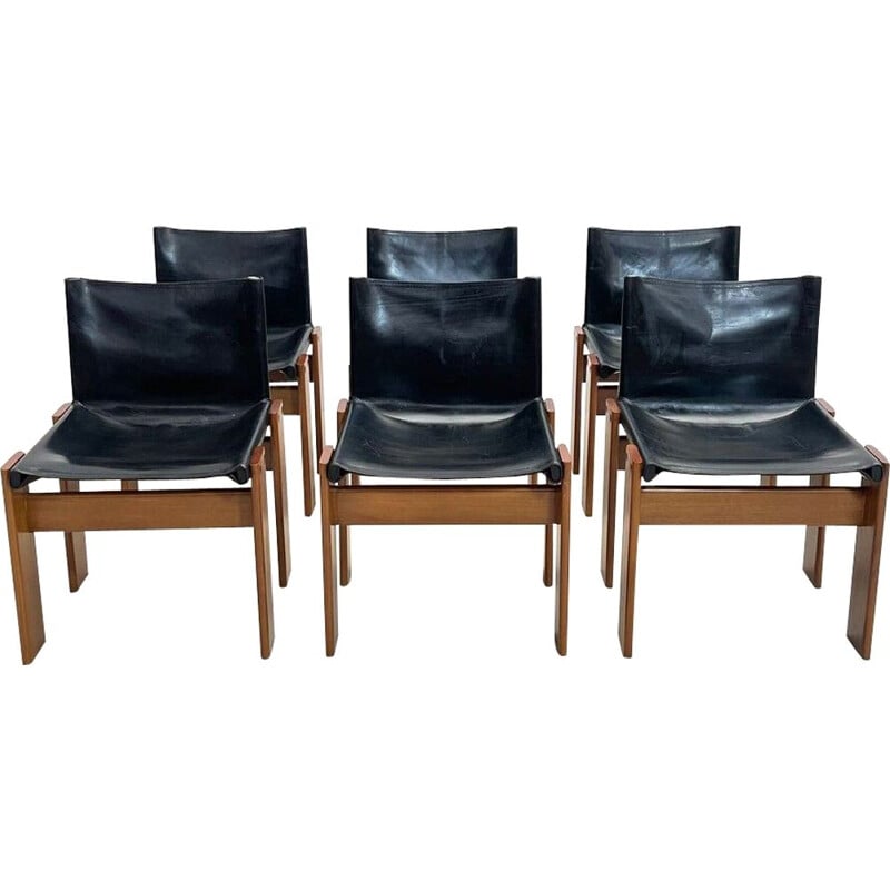 Set of 6 vintage black leather chairs model "Monk" by Afra and Tobia Scarpa for Molteni, Italy 1970s