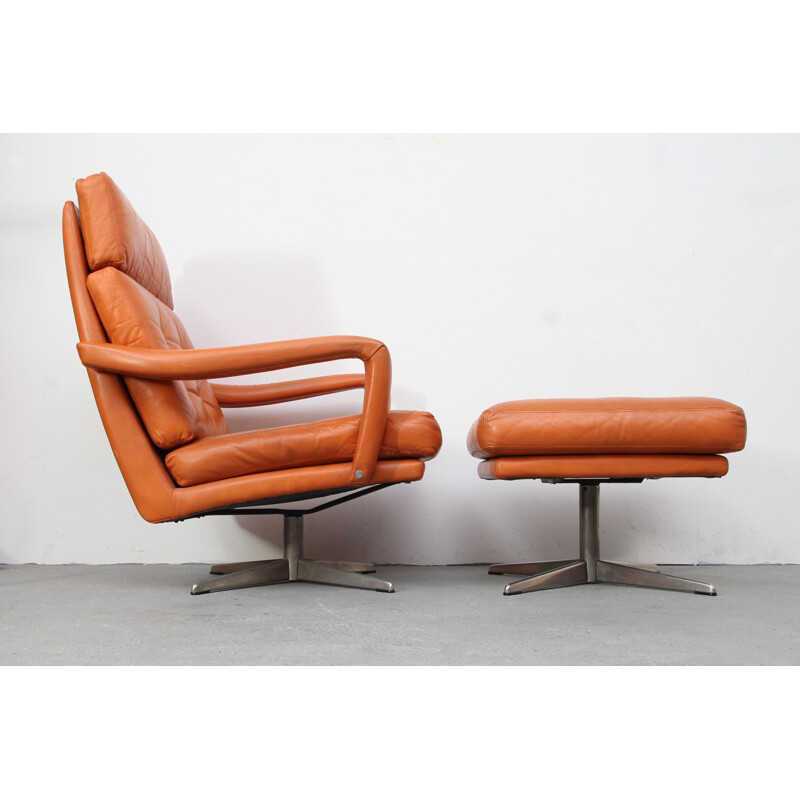 Leather swivel lounge chair with ottoman - 1970s
