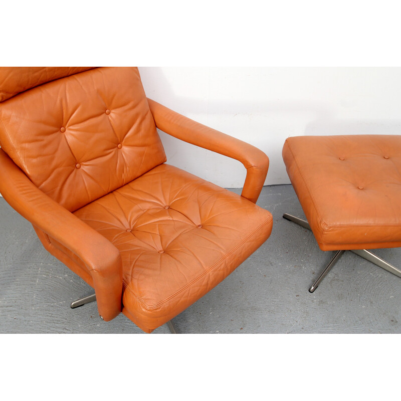 Leather swivel lounge chair with ottoman - 1970s