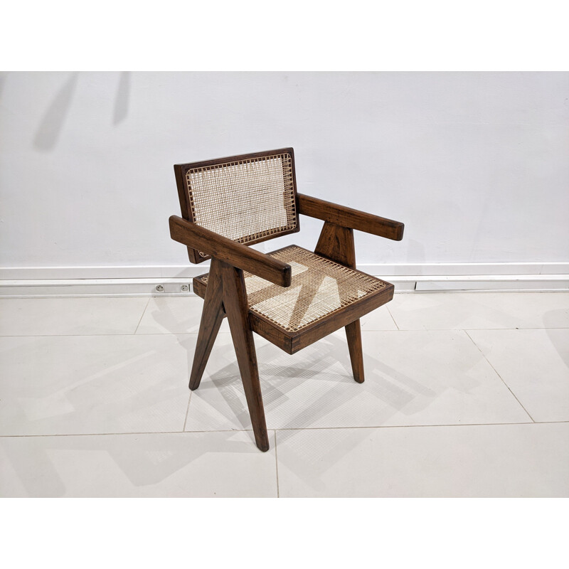 Vintage-Stuhl "Office" aus Teakholz und Rohrgeflecht von Pierre Jeanneret, 1955-1956