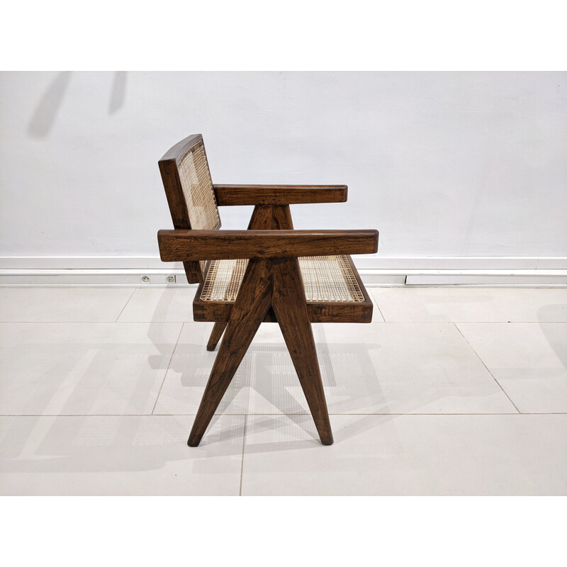 Vintage teak en rieten "Office" stoel van Pierre Jeanneret, 1955-1956