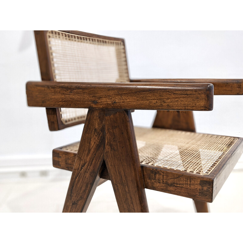 Vintage "Office" chair in teak and cane by Pierre Jeanneret, 1955-1956