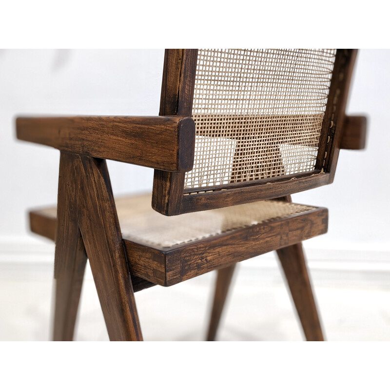 Vintage "Office" chair in teak and cane by Pierre Jeanneret, 1955-1956