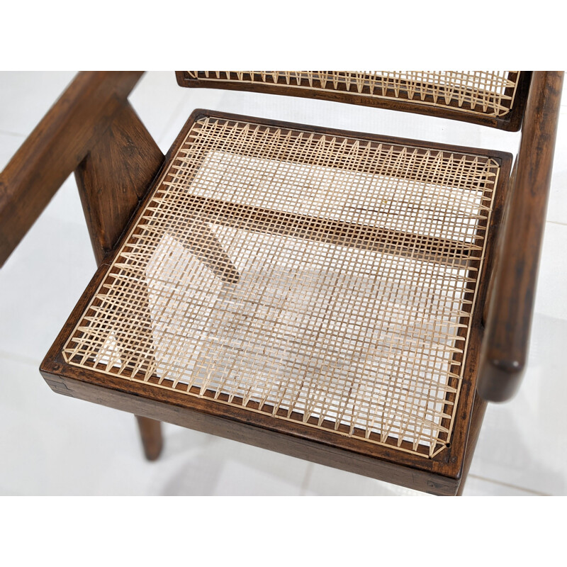 Vintage teak en rieten "Office" stoel van Pierre Jeanneret, 1955-1956
