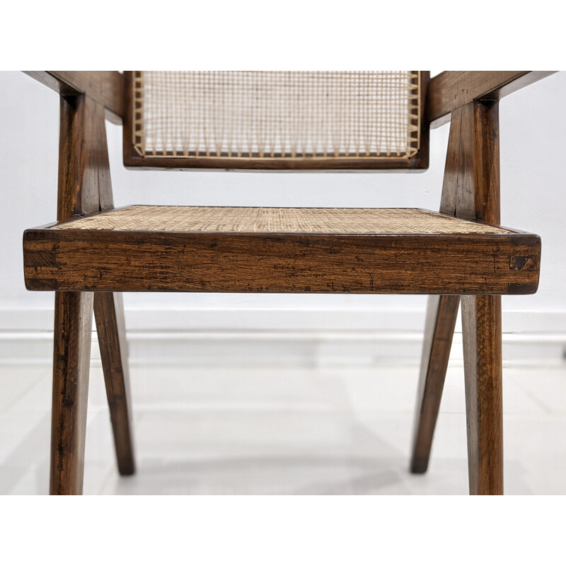 Vintage "Office" chair in teak and cane by Pierre Jeanneret, 1955-1956