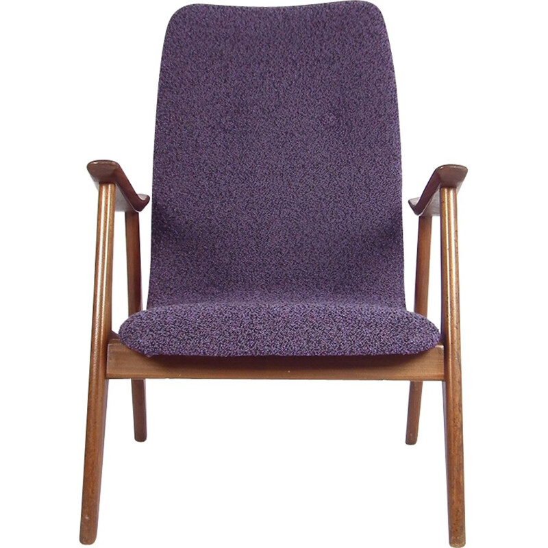 Dutch Wébé armchair in teak and purple fabric, Louis VAN TEEFFELEN - 1960s