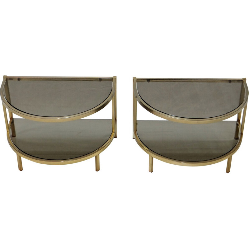 Pair of side tables in smoked glass and brass - 1970s