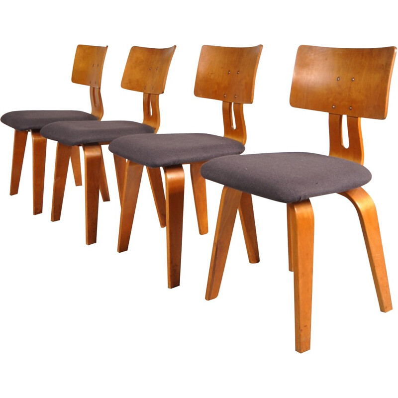 Set of 4 Pastoe dining chairs in birch plywood and fabric, Cees BRAAKMAN - 1950s