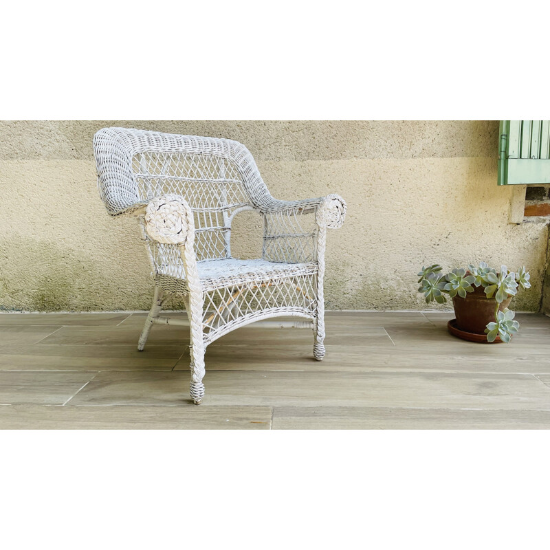 Vintage white rattan armchair, 1970-1980