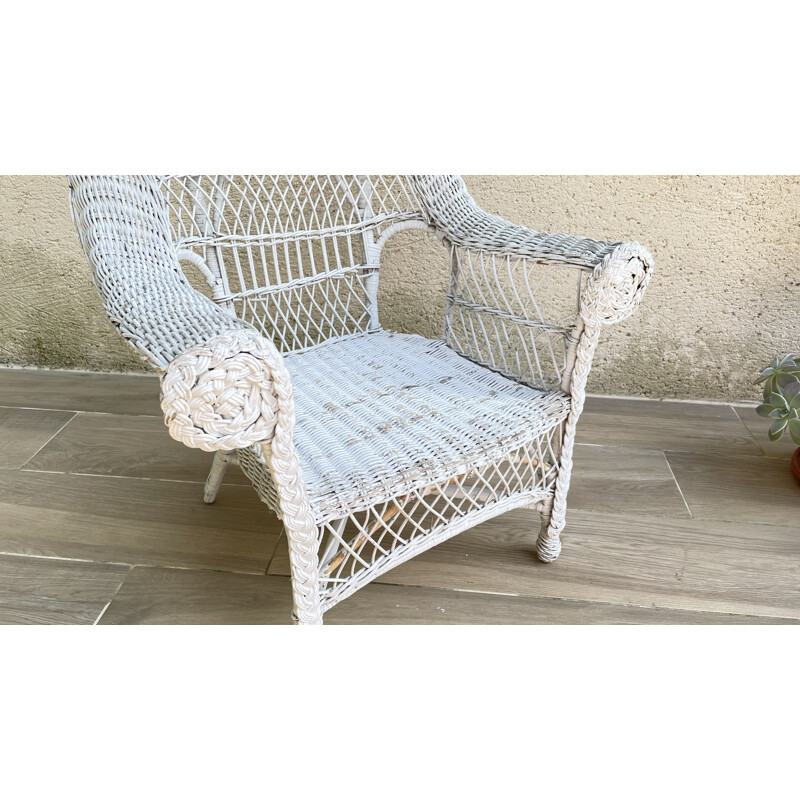 Poltrona vintage in rattan bianco, 1970-1980