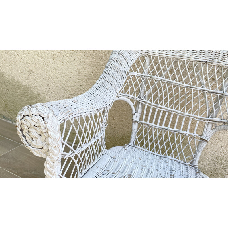 Vintage white rattan armchair, 1970-1980