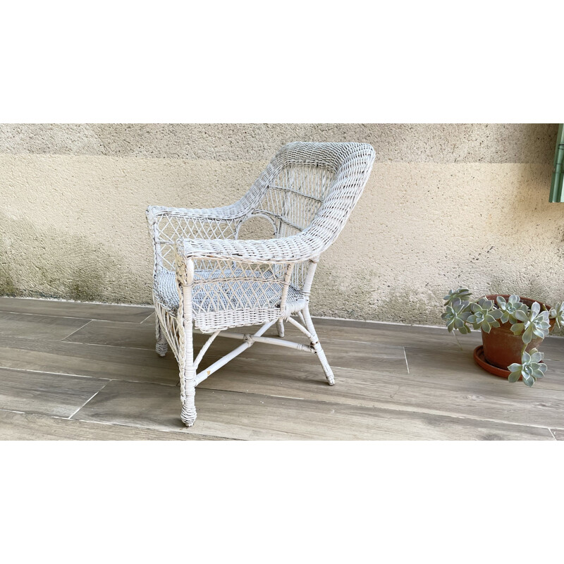 Vintage white rattan armchair, 1970-1980