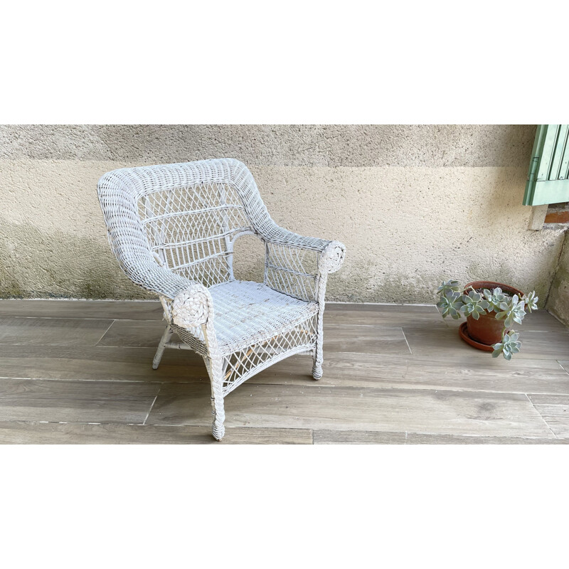 Poltrona vintage in rattan bianco, 1970-1980