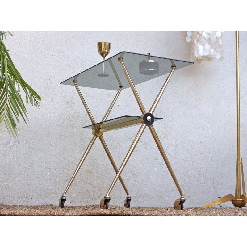 Mid century side table in golden metal and glass - 1960s